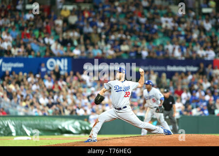 Clayton Kershaw, MLB 2014 des Dodgers de Los Angeles, la série d'ouverture v Arizona Diamondbacks au Sydney Cricket Ground, 22 mars 2014. Banque D'Images