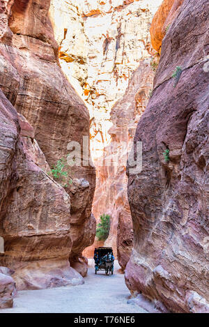 Petra, JORDANIE - Avril 06, 2015 : la calèche à cheval dans le siq, un 1200 mètres de long gorge étroite. Le Siq est l'entrée principale de Petra Banque D'Images