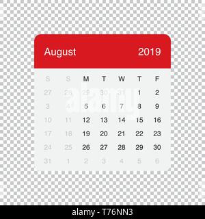 Août 2019 Calendrier minimes propre tableau Design Simple. Semaine commence le lundi. Illustration de Vecteur