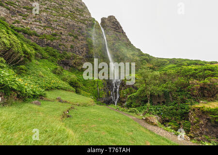 La Cascata do Poco Bacalhau cascade sur l'île de Flores aux Açores. Banque D'Images