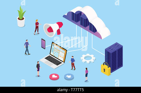 Web isométrique ou hébergement site web service d'affaires avec les personnes de l'équipe et le serveur ordinateur - vector illustration Banque D'Images