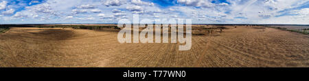 Des plaines sans fin des terres agricoles cultivées l'agriculture autour de Moree ville régionale dans la région de Narrabri shire - Centre de bassin artésien. Large panorama de l'antenne. Banque D'Images