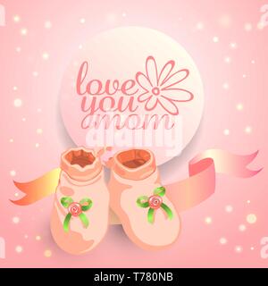 Journée mère bravo et carte d'invitation avec mignon chaussons pour bébé et typographie logo avec fleur rose. Illustration de Vecteur