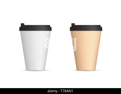 Tasses à café papier réaliste avec couvercle Vue de face. Café pour aller en blanc. Vector illustration isolé sur fond blanc Illustration de Vecteur