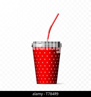 Papier rouge tasse avec couvercle noir et rouge de la paille. Vector illustration sur fond transparent Illustration de Vecteur