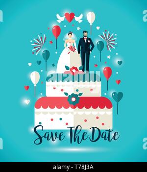 Carte d'invitation de mariage. Deux sur le gâteau de mariage avec des ballons.Vector illustration design. Illustration de Vecteur