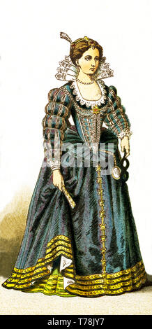 La figure représentée ici est une dame de la cour de France entre 1550 et 1600. L'illustration dates à 1882. Banque D'Images