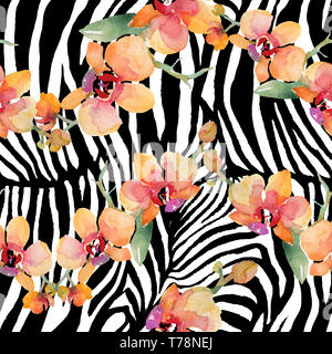 Bouquets de fleurs d'orchidées botaniques. Contexte aquarelle illustration set. Motif de fond transparent. Banque D'Images