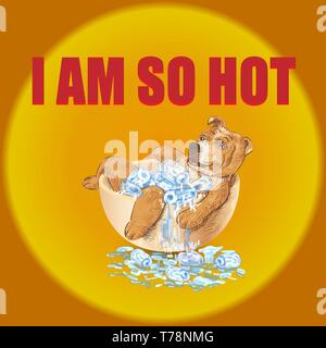 Tremper chien avec Ice Cube confortablement dans la baignoire. Causé par l'air chaud avec l'arrière-plan du soleil, Vector illustration. Illustration de Vecteur