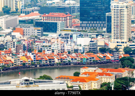 Une vue aérienne de Boat Quay et le Singapour, Singapour, en Asie du sud-est Banque D'Images