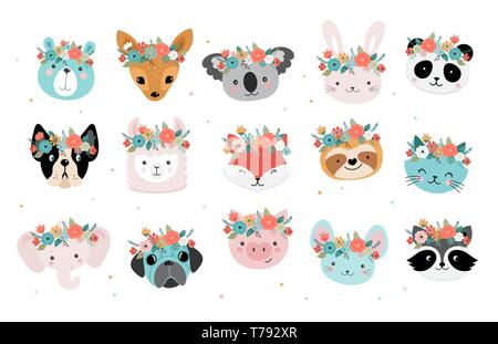 Les renards mignons les têtes avec la couronne de fleurs, vector seamless pattern design pour pépinière, affiches, cartes de vœux d'anniversaire Illustration de Vecteur