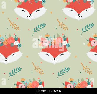 Les renards mignons les têtes avec la couronne de fleurs, vector seamless pattern design pour pépinière, poster, carte de souhaits d'anniversaire Illustration de Vecteur