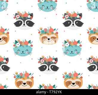 Racoon mignon, le chat et l'indolence des têtes avec la couronne de fleurs, vector seamless pattern design pour pépinière, poster, carte de souhaits d'anniversaire Illustration de Vecteur