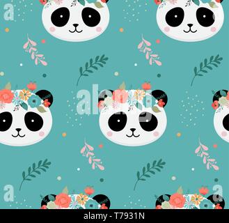 Panda mignon couronne de fleurs avec têtes, vector seamless pattern design pour pépinière, poster, carte de souhaits d'anniversaire Illustration de Vecteur