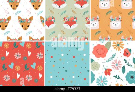 Les têtes des animaux avec la couronne de fleurs, vector seamless pattern design pour pépinière, poster, cartes de souhaits d'anniversaire. Panda, lama, Fox, coala, chat, chien Illustration de Vecteur