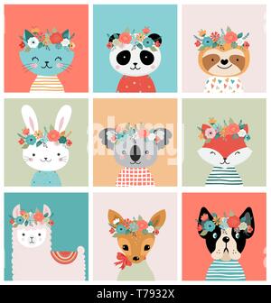 Les renards mignons les têtes avec la couronne de fleurs, vector seamless pattern design pour pépinière, affiches, cartes de vœux d'anniversaire Illustration de Vecteur