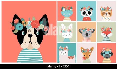 Les renards mignons les têtes avec la couronne de fleurs, vector seamless pattern design pour pépinière, affiches, cartes de vœux d'anniversaire Illustration de Vecteur