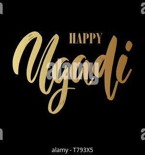 Ugadi heureux. Phrase de lettrage sur fond sombre. L'élément de conception pour poster, carte, bannière. Vector illustration Illustration de Vecteur