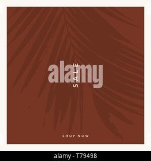 Modèles carrés moderne et élégant avec la silhouette de la feuille de palmier et un exemple de texte dans des tons marron et crème. Style contemporain post médias sociaux, ba Illustration de Vecteur