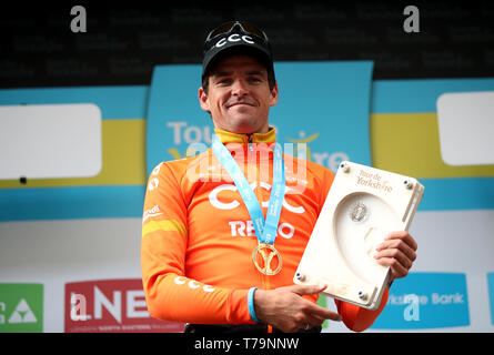 L'équipe de CCC Greg Van Avermaet célèbre remportant l'étape 4 du Tour de Yorkshire. Banque D'Images