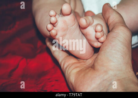 Les jambes de bébé de quatre mois fille en homme paume de père sur fond rouge Banque D'Images