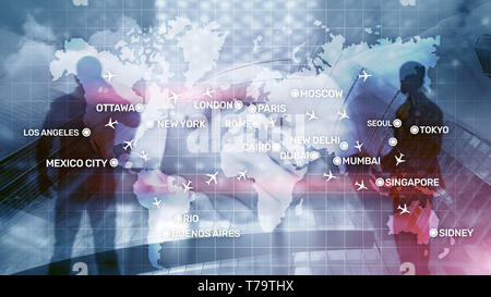 Fond d'aviation avec des avions au-dessus de la carte avec les grands noms de ville. Carte numérique avec des avions dans le monde entier concept. Banque D'Images