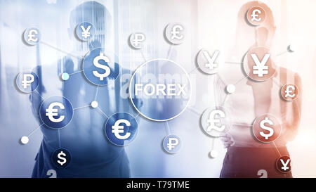 Service de change Forex diagrammes business finance dollar euro icônes sur fond flou. Banque D'Images