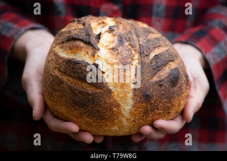 MAYNOOTH, ONTARIO, CANADA - 29 Avril 2019 : une dame est titulaire d'une miche de pain au levain fait maison, cuit dans un fourneau en bois. ( Ryan Carter ) Banque D'Images