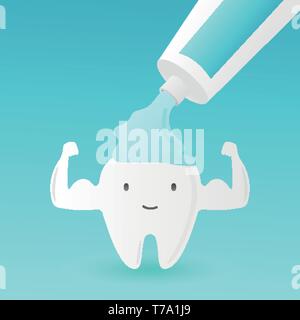 Dentifrice blanc santé tenant les dents, le brossage des dents concept - dessin animé dentaire style vectoriel mignon personnage pour le design Tooth recouvert de dentifrice Illustration de Vecteur