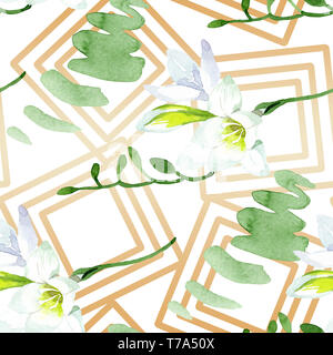 Freesia blanc botanique floral fleurs. Contexte aquarelle illustration set. Motif de fond transparent. Banque D'Images