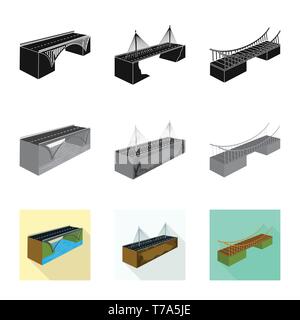 ,Pont,montage,modernes,mer,suspension,long,côte,banque,rivière,assemblés métal,port,cascade,colonne,autoroute,mains courantes,prop,bâtiment,tombantes,route,cable,cadre,design,construire,ponts,côté,architecture,vue,vue,passage,structure,set,icône,,illustration,collection,isolé,graphique,élément vecteur vecteurs,signer , Illustration de Vecteur