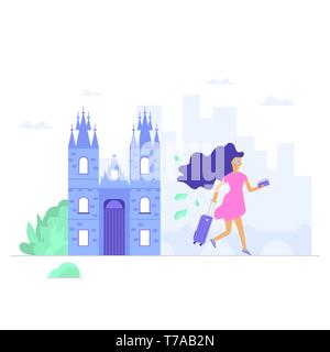 Les jeunes avec la carte, de sacs et bagages. Vieux et célèbre église Notre Dame. L'architecture tchèque, symbole de la ville de République tchèque. Billet d'ouverture. Mauvais vecteur Illustration de Vecteur