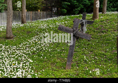 Pierre tombale croix faite de bois sur l'herbe verte Banque D'Images