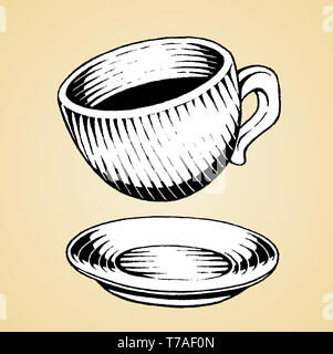 Vector Illustration d'un style de dessin Encre Scratchboard une tasse de café avec remplissage blanc Banque D'Images