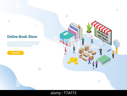 3D isométrique concept store en ligne de livre numérique avec des livres de bibliothèque pour l'atterrissage modèle de site web homepage banner - vector illustration Banque D'Images