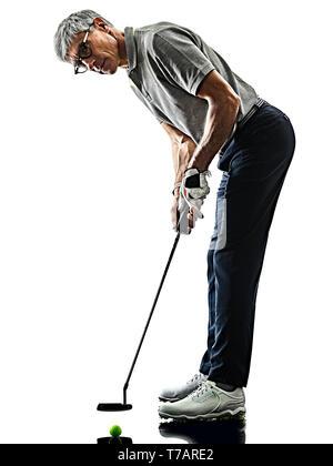 Un caucasian man golf golfeur dans studio silhouette ombre isolé sur fond blanc Banque D'Images