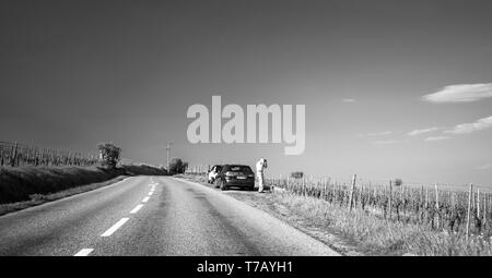 Bergheim, France - Apr 19, 2019 : en faisant un arrêt sur la route de prendre photo avec son appareil photo reflex numérique des vignobles français en noir et blanc d'Alsace Banque D'Images