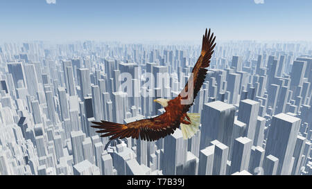 Oiseau de la liberté. Eagle vole au-dessus de mégalopole futuriste. Le rendu 3D Banque D'Images