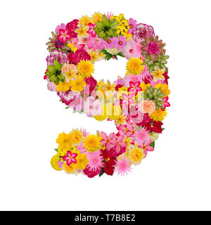 Numéro 9 fait de fleur isolé sur fond blanc. Whit clipping path Banque D'Images