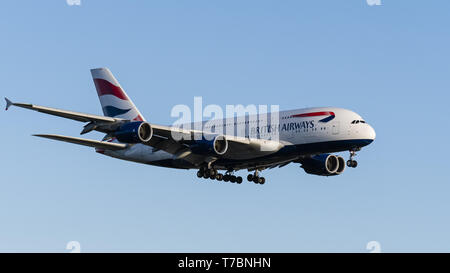 Richmond, Colombie-Britannique, Canada. 5 mai, 2019. Un British Airways Airbus A380-841 (G) XLEE-jetliner en courte finale pour l'atterrissage. Credit : Bayne Stanley/ZUMA/Alamy Fil Live News Banque D'Images