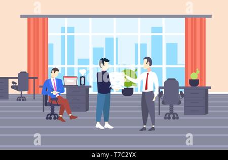 Surchargés de businessman carrying pile de documents papier à patron d'affaires date limite de la paperasserie moderne concept centre co-working office interior Illustration de Vecteur