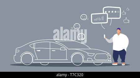 Fat Man en utilisant l'application mobile de partage de voiture examen quitte l'entreprise de location estimation de rétroaction homme obèse concept holding smartphone louer d'auto en ligne Illustration de Vecteur