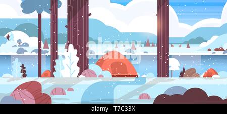 Tentes de camping en hiver camp forestier concept paysage de neige nature fond avec de l'eau des montagnes et de collines plate horizontale Illustration de Vecteur