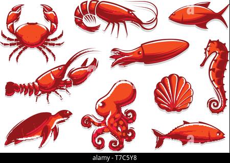 Ensemble d'icônes des créatures de la mer. Le crabe, les crevettes, le thon, le calmar, le homard, poulpe, shell, tortue, collection d'hippocampes. Cartoon logo rouge modèle. Vector Illustration de Vecteur