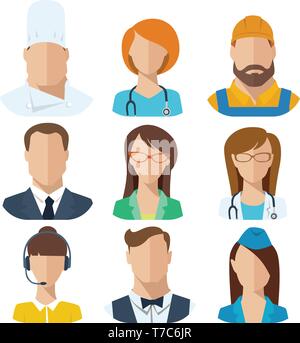 Ensemble de neuf métiers différents avatars masculins et féminins. Illustration de Vecteur