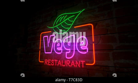 Vege restaurant neon symbole sur mur de briques. Des ampoules symbole alimentaire végétarien 3d illustration. Banque D'Images