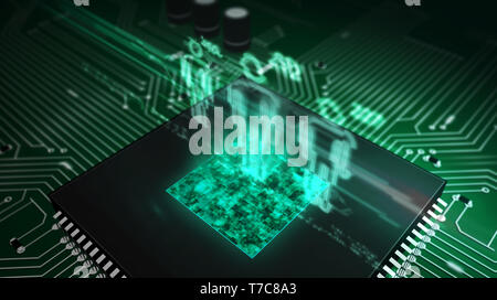 Concept de notation sociale avec les gens sur l'hologramme symboles cpu en arrière-plan. Circuit board 3d illustration. Concept futuriste de citoyens de l'analyse d'une Banque D'Images