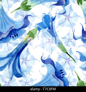 Brugmansia bleu fleurs botanique floral. Contexte aquarelle illustration set. Motif de fond transparent. Banque D'Images