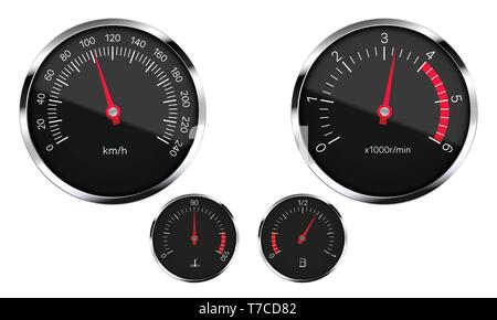 Illustration réaliste d'un ensemble d'instruments noir voiture tableau de bord avec des armatures en métal ronde avec des réflexions. Isolé sur fond blanc - vector Illustration de Vecteur