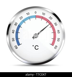 Illustration réaliste d'un thermomètre métal circulaire blanc avec des reflets, hand et des chiffres. Isolé sur blanc - vector Illustration de Vecteur